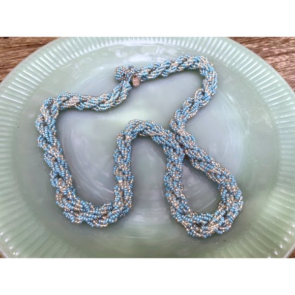 Vintage Nepal Glass seed bead Woven Necklace Turquoise - Picture 2 of 13